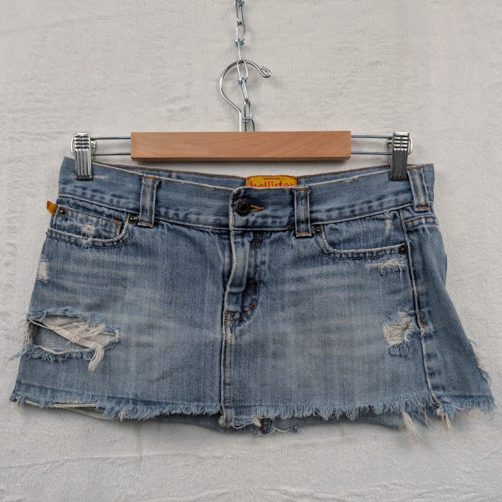 VTG Hollister Skirt Women's 5 Blue Light Wash Distressed Denim Mini McBling Y2K